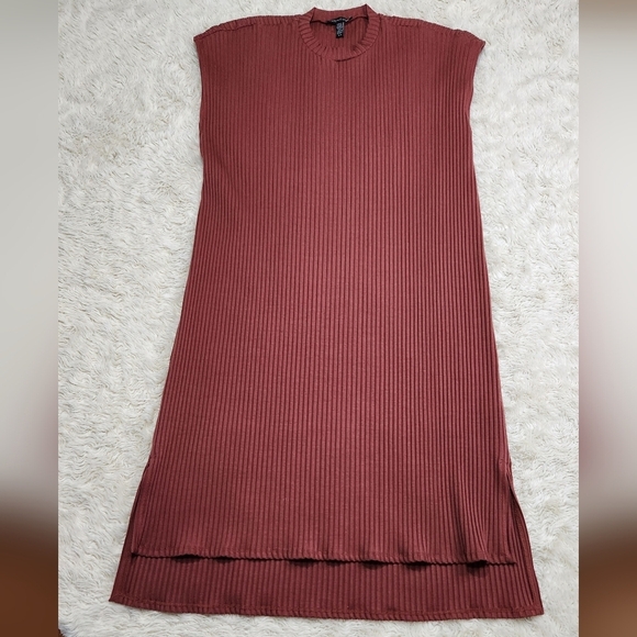 EILEEN FISHER Textured Stretch Rib Crew Neck Dress Boxy Knee Length Rust Medium - Picture 3 of 10